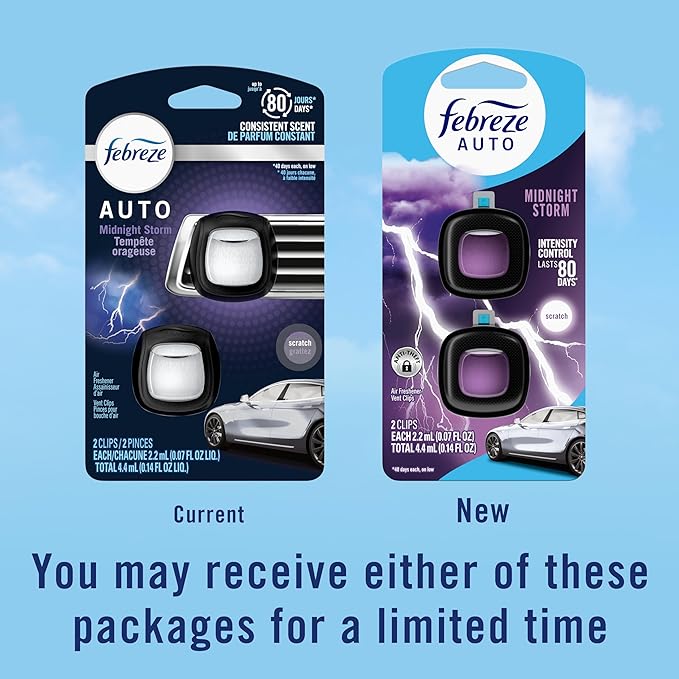 Febreze AUTO Air Freshener Odor-Fighting Automotive Vent Clip Midnight Storm Scent 8 Count