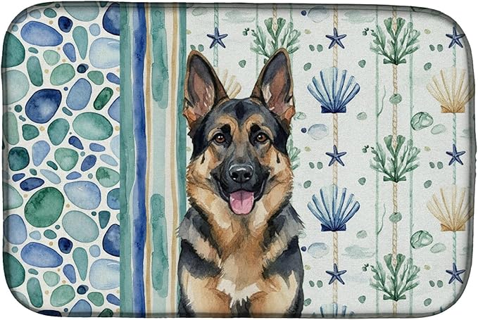 Caroline's Treasures German Shepherd Coastal Sea Glass Dish Drying Mat Absorbent Dish Drying Mat Pad for Kitchen Counter Dish Drainer Mat for Countertop 14 x 21 Multicolor
