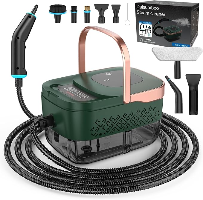 Steam Cleaner 2500W Home Handheld Grout Steam Cleaning Machine with 1.32QT Transparent Tank &amp 10 Attachments for Range Hood Stove Tile Upholstery Car Detailing &amp More (Green/Gold)