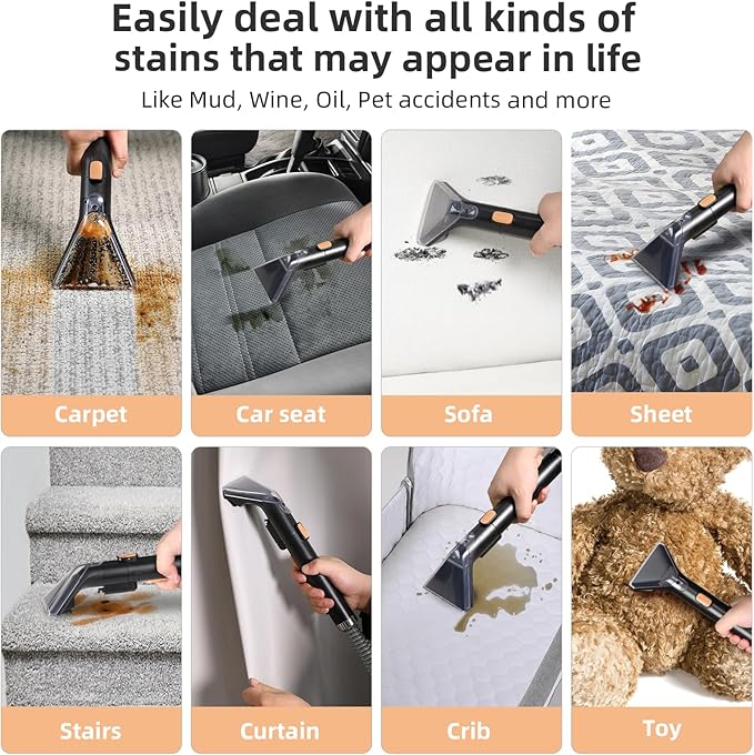 Carpet Cleaner Machine 11Kpa Strong Suction New 450W Powerful Motor Portable Upholstery Cleaner with Spot Cleaner Stain Remover for Pet Accident Rugs Carpet and Upholstery Orange