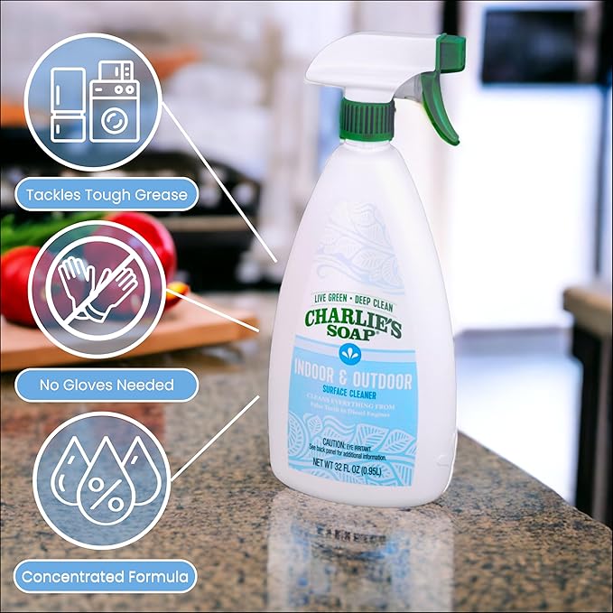 Charlie's Soap Indoor &amp Outdoor Surface Cleaner Refill Biodegradable Natural Outdoor Cleaning Spray – Safe for Indoor Use (32.00 Fl Oz (Pack of 2))