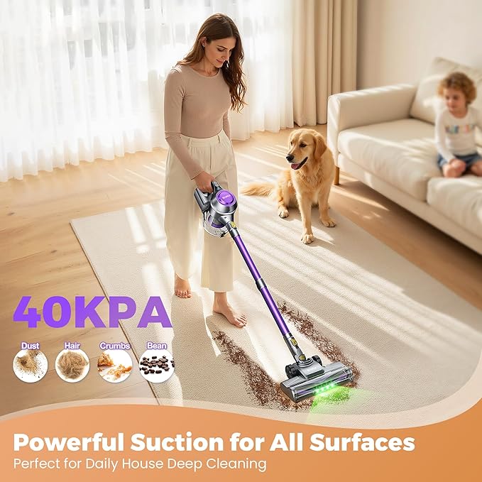 Cordless Vacuum Cleaner Stick Vacuum Cleaners for Home with 40Kpa Powerful Suction 45 Mins Runtime 1.6L Dust Box Anti-Tangle 8-in-1 Rechargeable Vacuum for Hardwood Floor Carpet Pet Hair