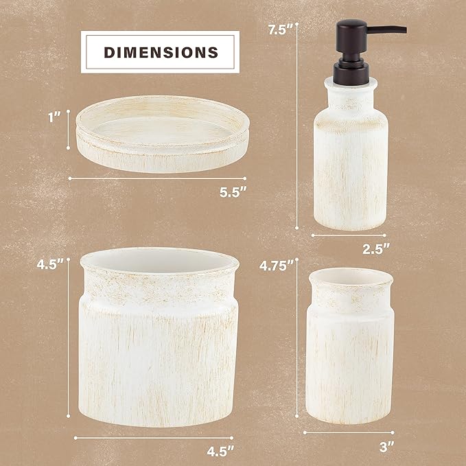 Creative Scents Rustic Luxe Bathroom Accessory Set Complete - 4 Piece Beige Bathroom Soap Dispenser Set has: Lotion Dispenser Toothbrush Holder Tumbler &amp Soap Dish Modern Farmhouse Bathroom Dec