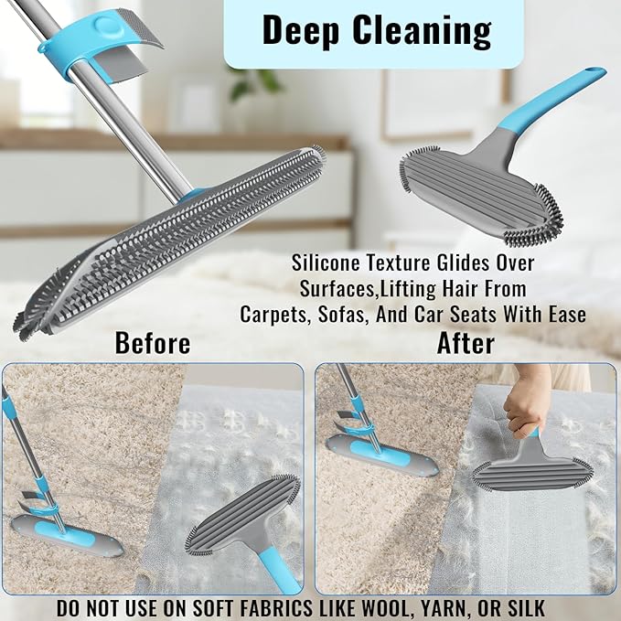 Carpet Rake for Pet Hair Removal Tool 3 in 1 Carpet Scraper with 59 Adjustable Handle Silicone Rug Rake for Dog &amp Cat Hair Pet Hair Remover for Furniture Couch Pet Bed &amp Car Interior