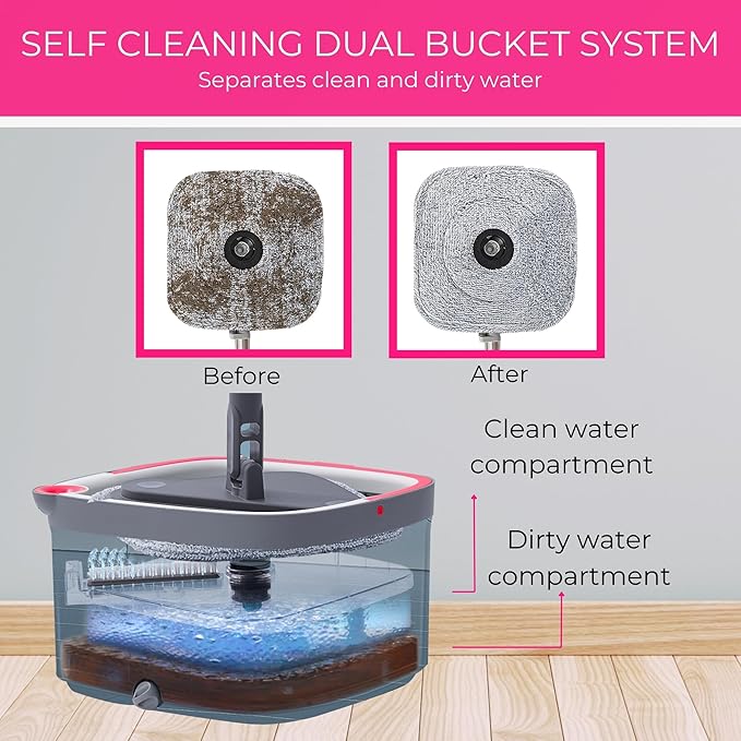 Square Spin &amp Bucket Smart Floor Mop with Separate Compartments for Clean and Dirty Water Self Cleaning (Mop Bucket with Squeegee Sweeper)