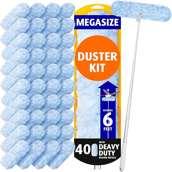6ft Extendable Duster Handle with 40 Refills Compatible with Swiffer Duster Disposable Microfiber Dusting Pads for Home Cleaning Ceiling Fan Window Hard-to-Reach Areas