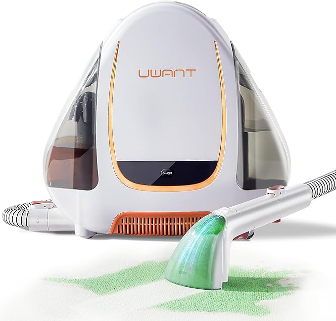 uwant Portable Carpet &amp Upholstery Cleaner Machine 15Kpa Powerful Suction Small Handheld Cleaner Carpet Shampooer for Rug Couch Furniture Pet Stains Car Auto Detailer B100 White and Orang
