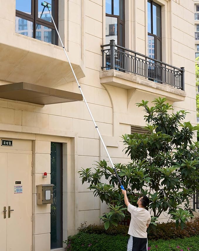 16 Foot High Reach Ceiling Fan Duster with 4.5-8ft Heavy Duty Extension Pole Microfiber Feather Cobweb Duster Window Squeegee Kit Cleaner Cleaning Gloves