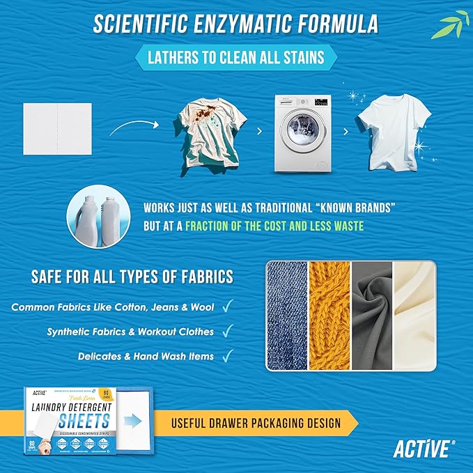ACTIVE Enzyme Laundry Booster and Fresh Linen Laundry Detergent Sheets - Includes 80 Loads of Detergent Sheets and 64 Loads of Laundry Detergent Boosting Powder
