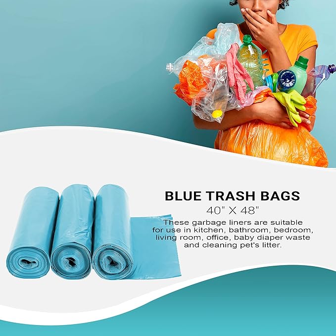 APQ Blue Heavy Duty Trash Bags 40 x 48 Inches. Pack of 200 Polyethylene Office Trash Can Liners 18 Micron Thick. Durable Recyclable 80 Gallon Plastic Garbage Bags for Offices Schools and Kitchen