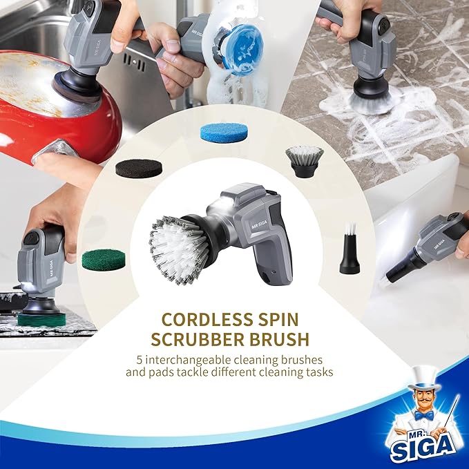 MR.SIGA Electric Spin Scrubber for Kitchen and Bathroom Cleaning Waterproof Rechargeable Cordless Spin Scrubber with 5 Replaceable Cleaning Brushes and Pads