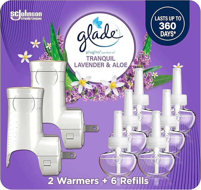 Glade PlugIns Refills Air Freshener Starter Kit Scented and Essential Oils for Home and Bathroom Tranquil Lavender &amp Aloe 4.02 Fl Oz 2 Warmers + 6 Refills