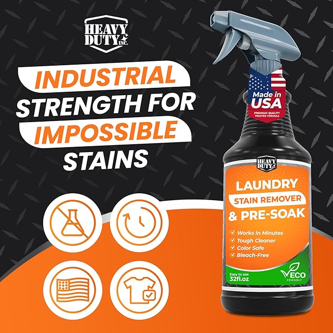 Heavy Duty Laundry Stain Remover &amp Pre-Soak Spray - 32 fl oz - Industrial Strength Fabric Spot Cleaner - Removes Oil Blood Urine Pet Grass Sweat - Pre-Wash Treatment - Color Safe Non-Bleach