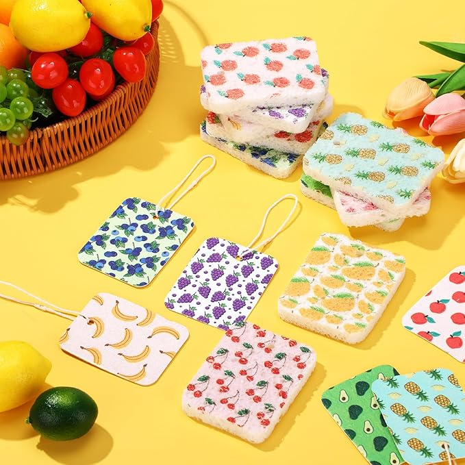 Maxdot 50 Counts Compressed Cellulose Sponges Bulk Fruits Pattern Natural Kitchen Compostable Non Scratch Dish Sponges for Washing DishesCleaning Countertop SinkKids DIY