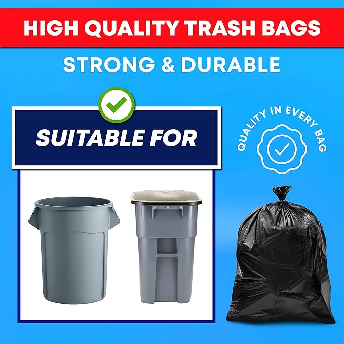 Tasker 44-45 Gallon Trash Bags Heavy Duty (Value 100 Bags w/Ties) Extra Large Black Trash Bags - 39 Gallon - 40 Gallon - 42 Gallon - 45 Gallon - Large Black Garbage Bags Heavy Duty