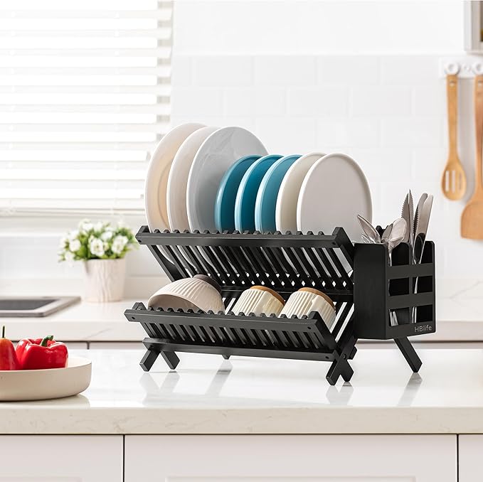 HBlife Dish Rack Black Bamboo Folding 2-Tier Collapsible Drainer Dish Drying Rack with Utensils Flatware Holder Set (Dish Rack with Utensil Holder)