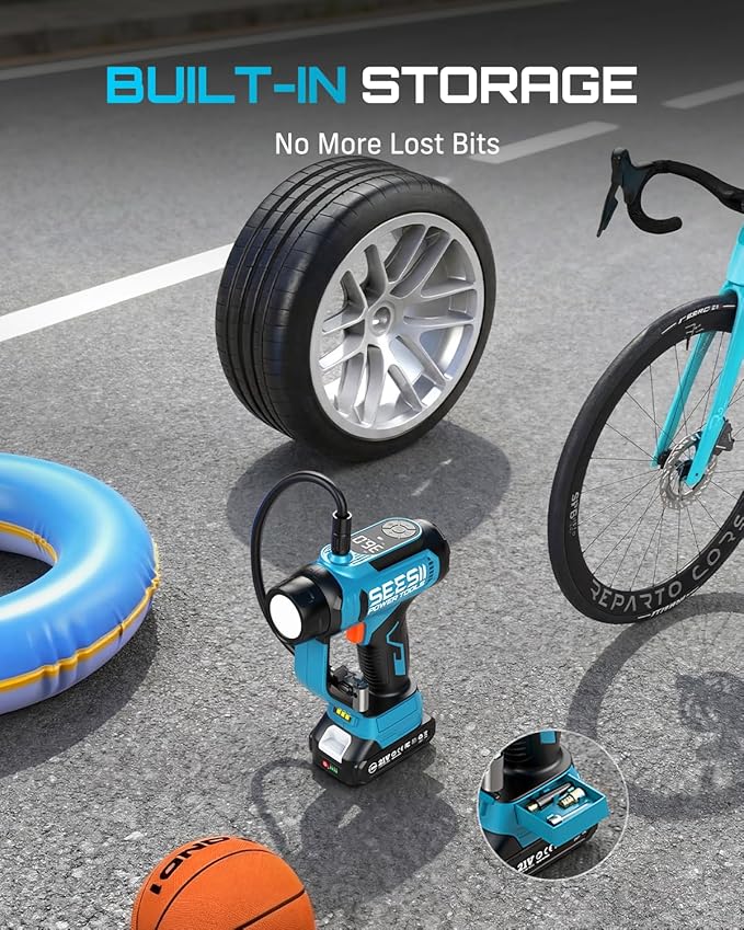 SEESII 3-in-1 Tire Inflator: Portable Air Compressor &amp Car Vacuum Cordless &amp Led Work Light with 2×2000mAh Batteries 21V Tire Air Pump 150PSI w/Digital Gauge+Auto-Shutoff for Ball/Bike/Car/Ho