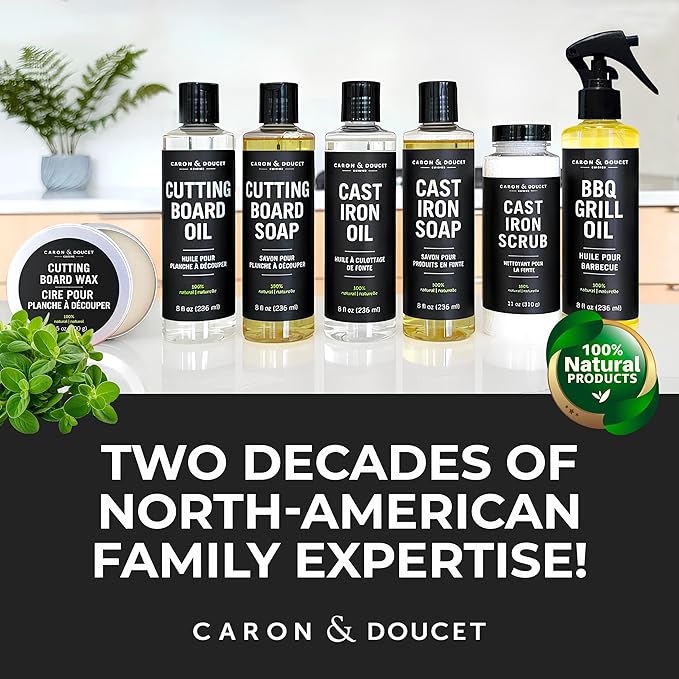 CARON &amp DOUCET - Ultimate Cast Iron Set: Seasoning Oil Cleaning Soap &amp Restoring Scrub | 100% Plant-Based &amp Best for Cleaning Care Washing Restoring &amp Seasoning Skillets Pans &amp