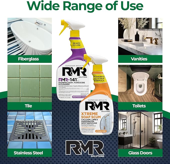 RMR Polish &amp Protect Bundle – Xtreme Soap Scum Remover + RMR-141 EPA Registered Mold &amp Mildew Spray 2-Step Clean &amp Disinfect System for Buildup Hard Water Tile Surfaces Glass 2–32 Oz
