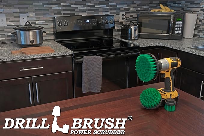 Kitchen Cleaning Supplies Set - Tile Electric Spin Scrubber - Stainless Steel Cleaner for Stove Sink and Oven - Household Cleaning Tools - Green Medium Stiffness Nylon Brush - Cast Iron Scrubber