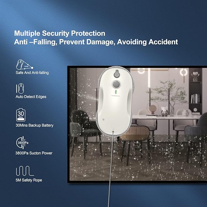 Tosima W3 Window Cleaning Robot - Dual Direction Auto-Spray Smart Window Cleaner with Triple Safety System Smart Navigation Remote Control for All Smooth Surfaces with 12 Rags White