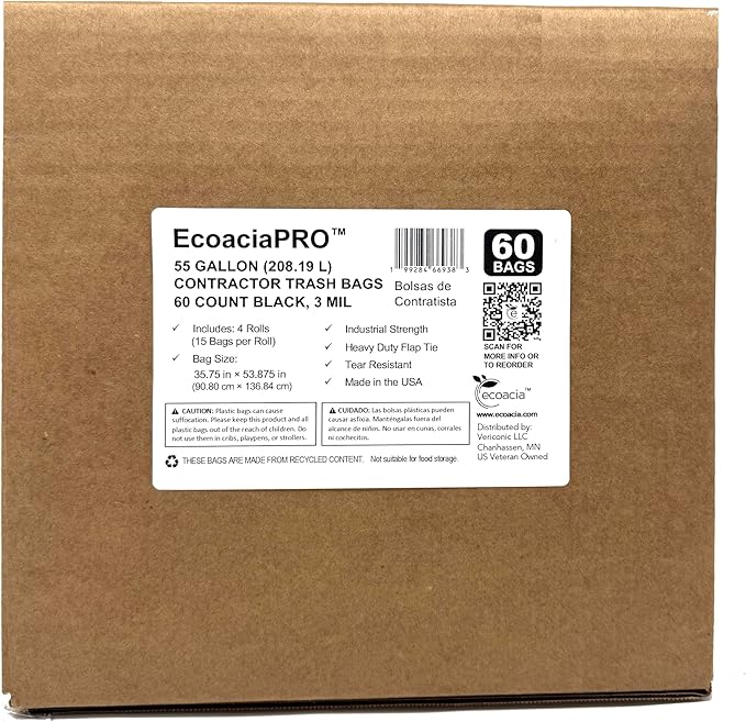 PRO XL 55-Gallon Contractor Extra Tough Heavy Duty Trash Bags (60-Count 3 Mil) – 4 Rolls of 15 in Bulk Box – Industrial Strength for Job Sites and Yard Cleanup – Made in the USA