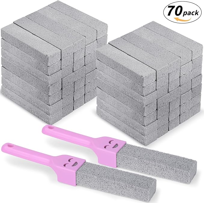 70 Pack Pumice Stones Bulk for Cleaning - Grey Pumice Scouring Pad with 2 Universal Handles Pumice Stick Cleaner for Removing Toilet Bowl Ring Bath Household Kitchen Pool 5.9 x 1.4 x 0.9 Inch