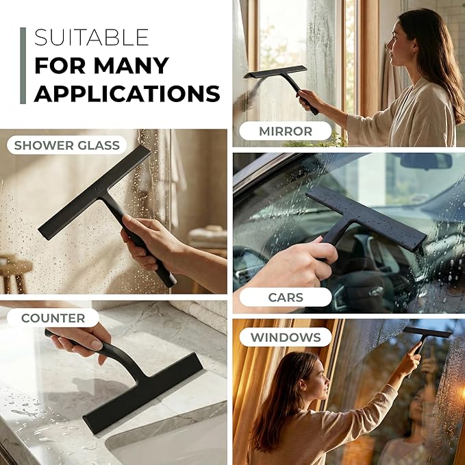GÜTEWERK Shower Squeegee for Glass Doors Silicone Window Squeegee Bathroom and Glass Cleaning - Black - 13 Inch