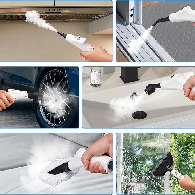 Spurgehom Handheld Steam Cleaner 15s Heat-Up 1L Tank Portable Steam Cleaner 2500W High Temperature Multipurpose Steamer for Cleaning 6 Gears Adjustable Handheld Steamer for Home White