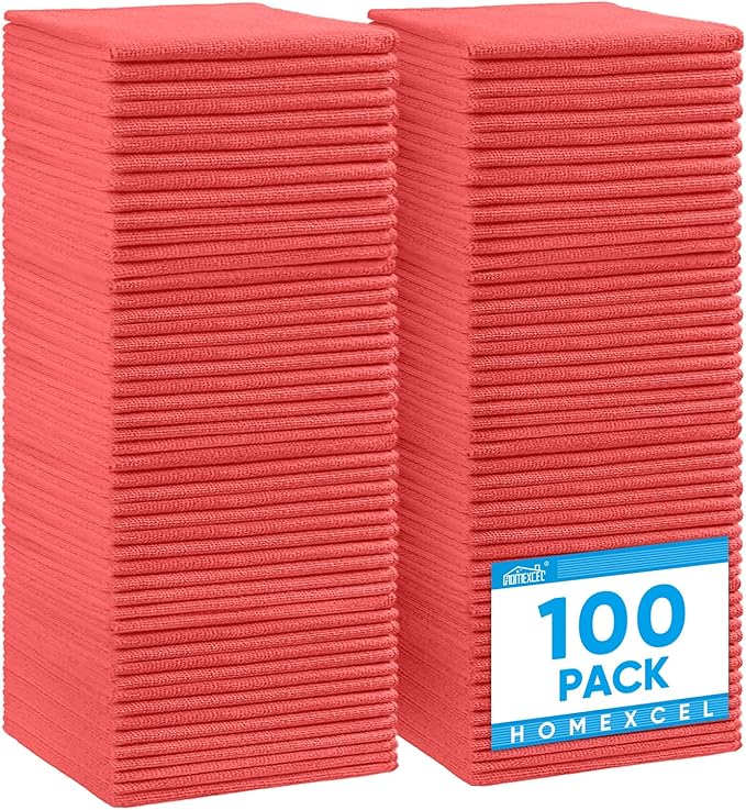 HOMEXCEL Red Microfiber Cleaning Cloth 100 Pack Microfiber Towel for Cars Lint Free Scratch-Free Highly Absorbent and Cleaning Rags for House Window and Glass Cars TV Screen 11.5 X11.5 inch