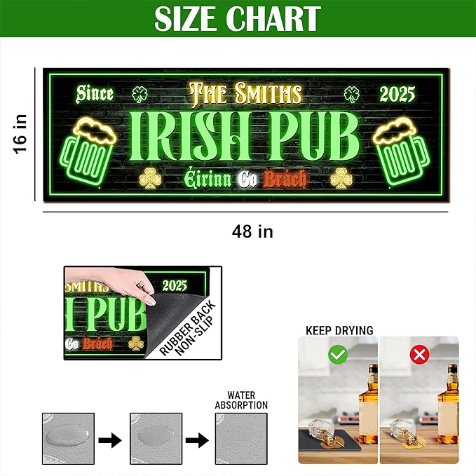 THUYPT Personalized Irish Bar Mat Dish Drying Mat for Irish Pub St Patrick's Day Decor Bar Shamrock Spill Mat Kitchen Counter Accessories Home Bar Decor St Patrick's Day (11)