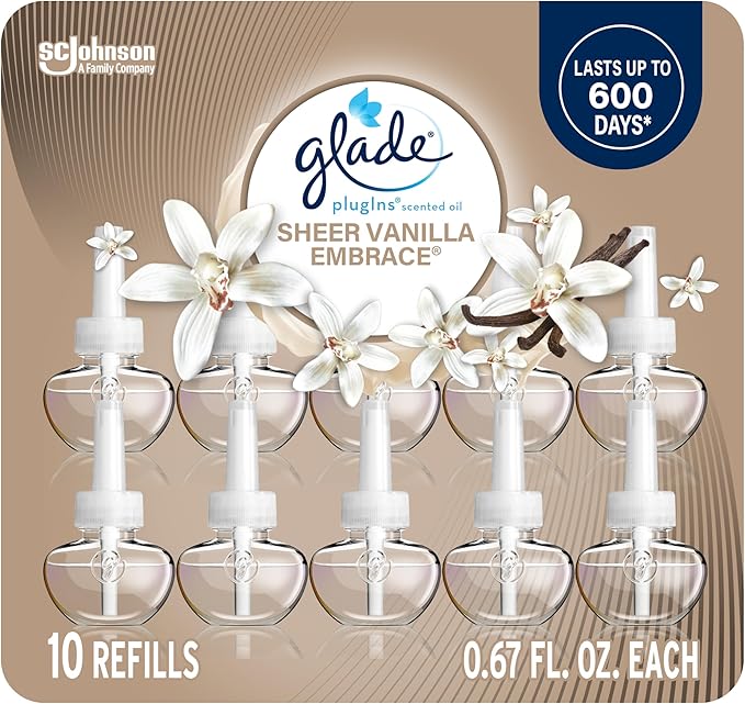 Glade PlugIns Refills Air Freshener Sheer Vanilla Embrace Scented and Essential Oils for Home and Bathroom 0.67 Fl Oz 10 Count