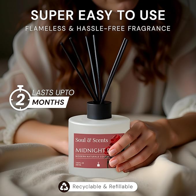 Soul &amp Scents Reed Diffuser Set – Midnight Rose | 7.43 oz Refillable Scented Oil with 6 Fiber Sticks | Long-Lasting Home Fragrance &amp Air Freshener for Bedroom Bathroom Office | Gift &amp Dé