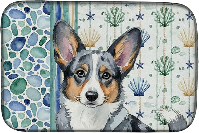 Caroline's Treasures Blue Merle Cardigan Welsh Corgi Coastal Sea Glass Dish Drying Mat Absorbent Dish Drying Mat Pad for Kitchen Counter Dish Drainer Mat for Countertop 14 x 21 Multicolor