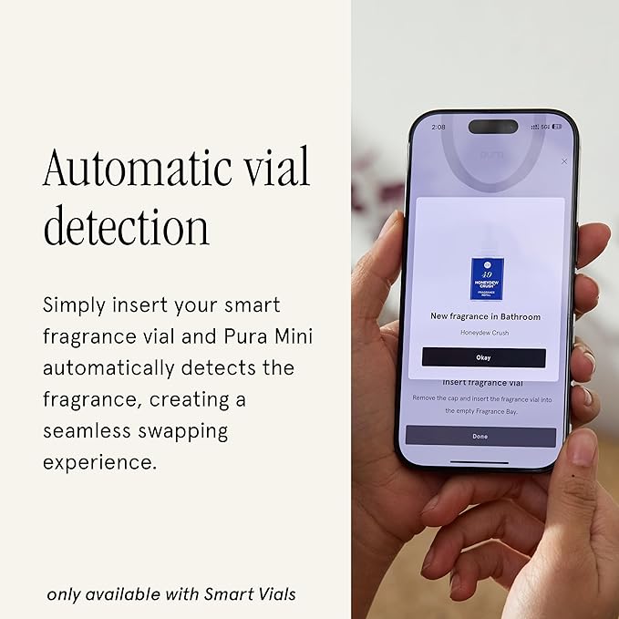 Pura Mini Smart Fragrance Diffuser for Small Spaces Adjustable Smart Home Device with LED Light &amp Automatic Vial Detection - Includes 1 Scent Refill White Tea no.1