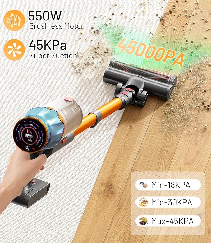 Cordless Vacuum Cleaner 45Kpa/550W Stick Vacuum with Touch Screen Max 65Mins Vacuum Cleaners for Home Upgraded Green Light &amp Anti-Tangle Wireless Vacuum for Pet Hair/Carpet/Hardwood Floor
