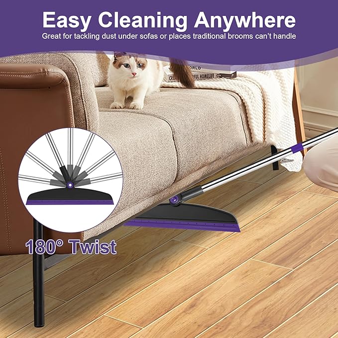 Broom with Dustpan Combo Set and Silicone Air Broom Kit 51 Long Handle Floor Squeegee Purple Household Kit for Glass Window Rugs Pet Hair Home