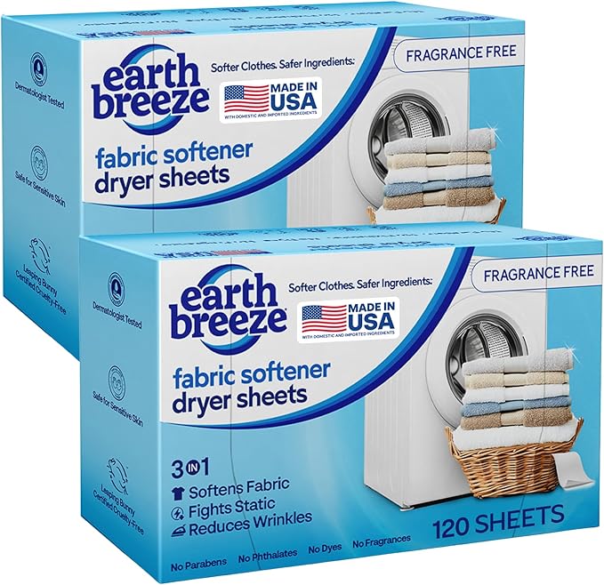 Earth Breeze Fabric Softener Dryer Sheets – Fragrance Free Hypoallergenic No Harsh Chemicals Safe for Sensitive Skin – Static Cling &amp Wrinkle Reducer – Gentle Fabric Care – Made in USA (2 Pack)