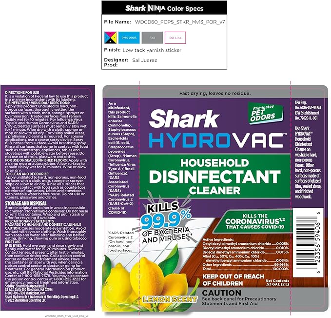 Shark HydroVac Household Disinfectant Cleaner Kills 99.9% of Bacteria &amp Viruses Compatible with Shark HydroVac 3-in-1 Multi-Surface Cleaners on Hardfloor Stone Laminate &amp Tile Purple WDC