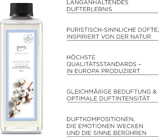 ipuro - Essentials Refill Cotton Fields Room Fragrance - Refill Room Freshener with Star Anise Vanilla Flower &amp Geranium Rose Violet Cedar Wood Fragrance Aroma - Air Freshener Refill Bottle 50