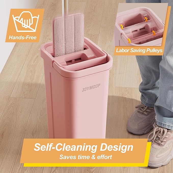 JOYMOOP Pink Mop and Bucket with Wringer Set for Home with 3 Reusable Microfiber Mop Pads Hands-Free Self-Cleaning System Suitable for Floor Cleaning and Wall Cleaner