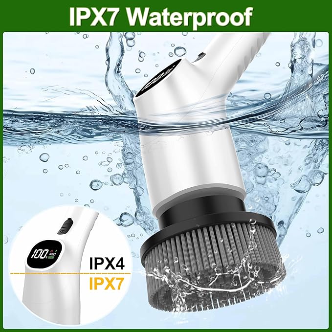 Electric Spin Scrubber Shower Scrubber with Long Handle Adjustable LCD Display 2 Speed Shower Cleaner 7 Replaceable Brush Heads Bathroom Cleaning Brush Bath Tub Power Scrubbers White G3