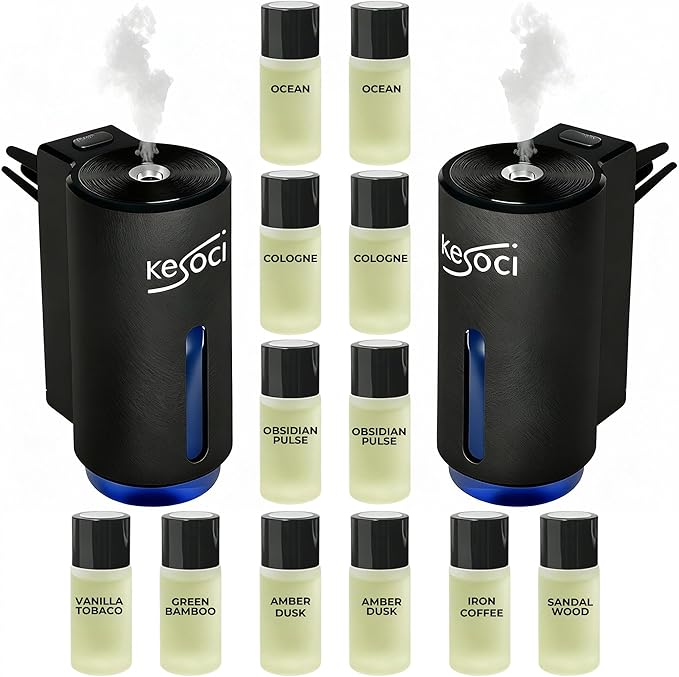 2 Smart Car Air Freshener Diffusers – Rechargeable Auto Scent Device Set with 12 Refills – Anti-Leak System 3 Spray Modes &amp Motion Sensor Auto On/Off
