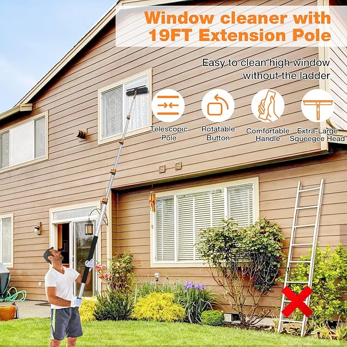 26Ft Window Squeegee with 5-19 FT Extension Poles 2-in-1 Window Cleaning Kit with Telescopic Pole Extra-Large 14 Window Squeegee Window Cleaner Tool with Adjustable Head for High Window Glass RV