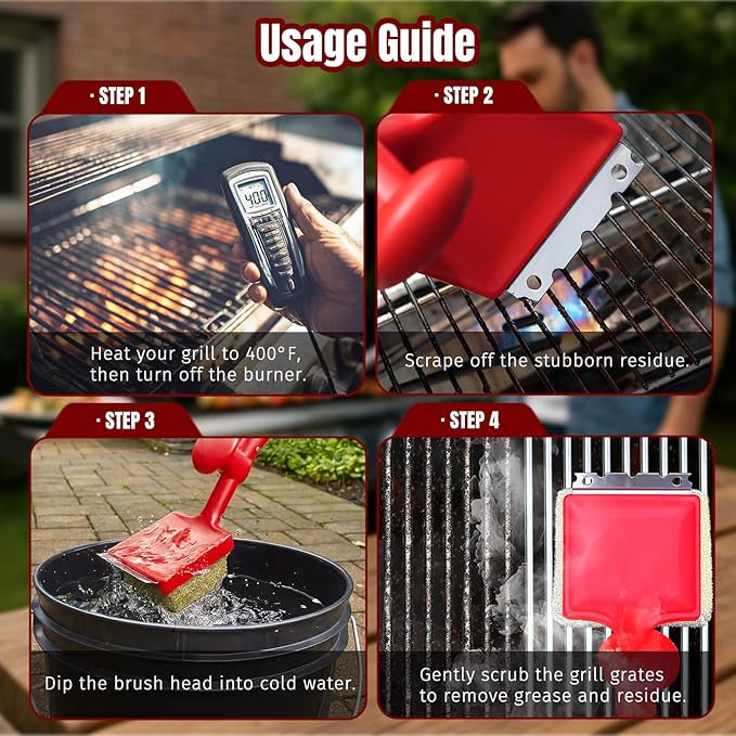 Grill Brush Bristle Free with Aramid Fiber - 600°F Heat Resistant Steam Cleaning Brush Dual Handle BBQ Grill Cleaning Brush with Scraper Replaceable Head for Outdoor Grill Weber Traeger Grates