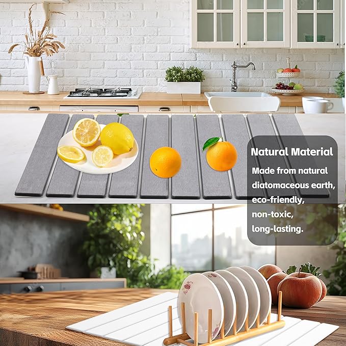 Quick Dry Collapsible Dish Drying Mat Eco-Friendly Absorbent Diatomaceous Earth Mats for Dishes Bottles Cups 24×16Large Stone Dish Drying Mats for Kitchen Counter (White 24（L）×16（W）)