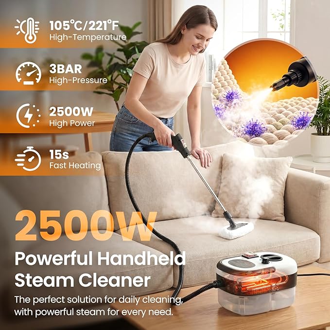 2500W Handheld Steam Cleaner for Home 6-Level High Pressure Steam Gun Steam Machine w/40.6oz Tank Portable Car Steamer for Auto Detailing &amp Cleaning Car Floor Furniture Tile Grout Wall