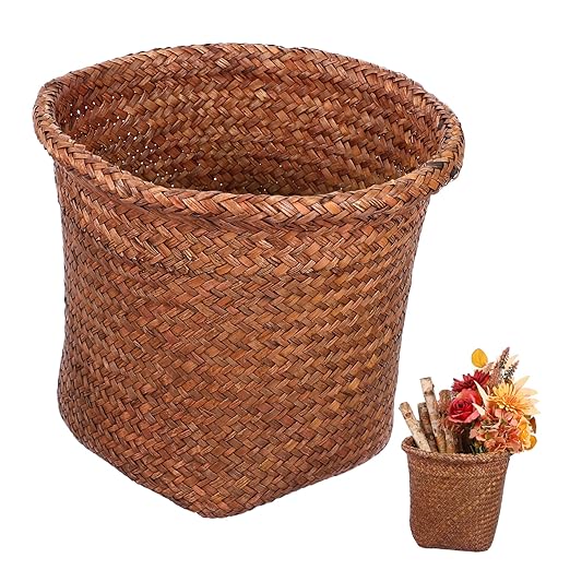 Healifty Natural Straw Woven Wastebasket Small Office Trash Container Open Top Practical Waste Paper Basket Storage Bin for Home and Bedroom