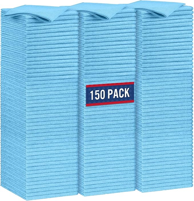 GLIMGLINT Blue Microfiber Cleaning Cloth150PK Reusable Cleaning RagsHighly Absorbent Shop Rags BulkAll-Purpose Car Cleaning Towels for TV Screen Kitchen Bathroom Restaurant Garage 14X12