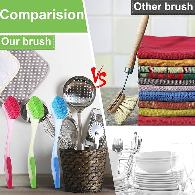 Boao 15 Pieces Long Dish Brush with Handle Assorted Color Dishwashing Brush with Suction Cup Multipurpose Cleaning Tool for Kitchen Toilet Etc